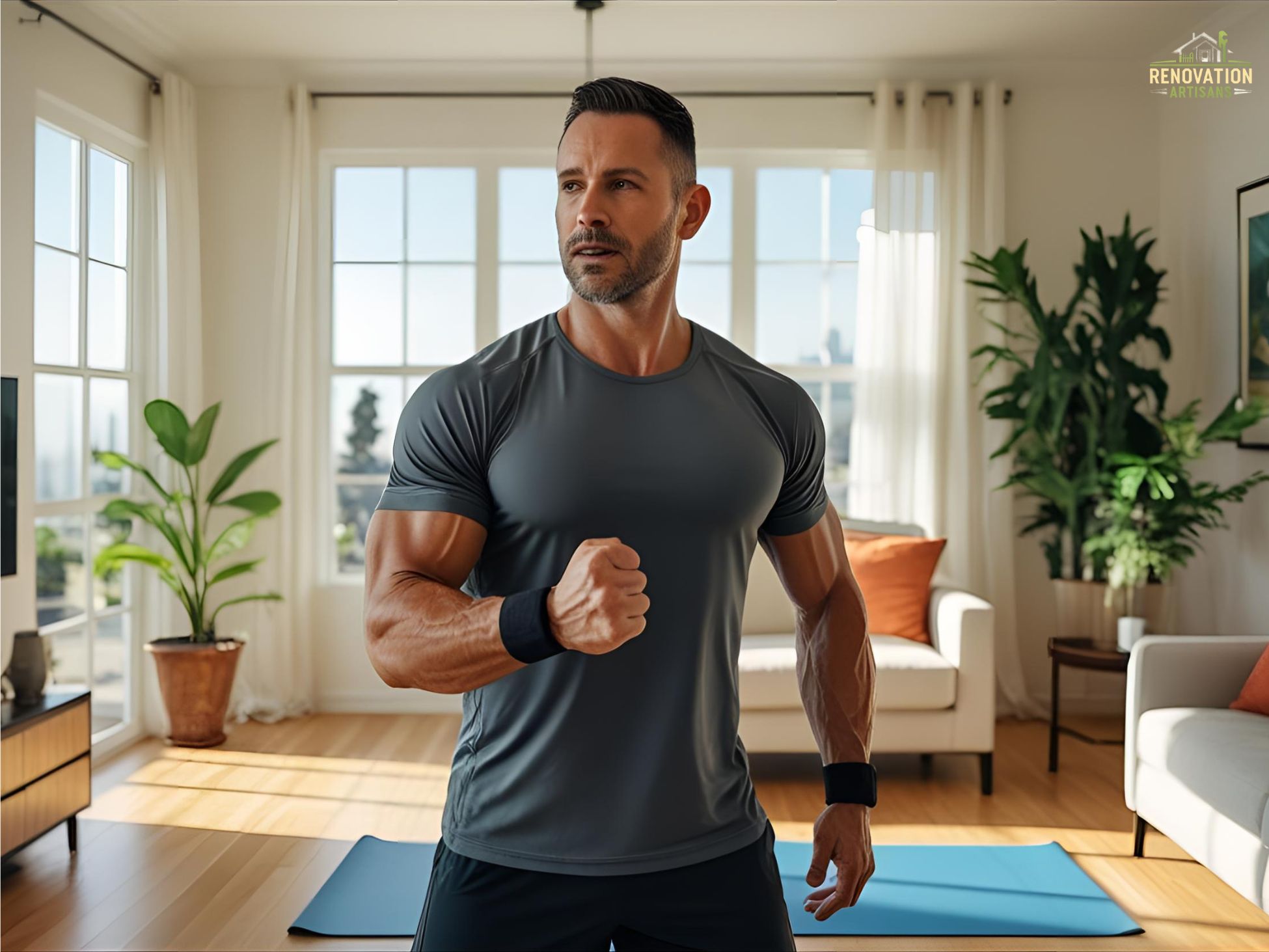 Los Angeles personal trainer leads a home workout session in a bright living room