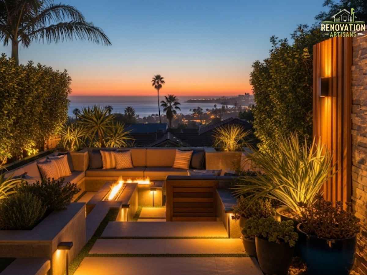 Coastal outdoor LED lighting creating warm ambiance in a Pacific Beach Los Angeles backyard at dusk