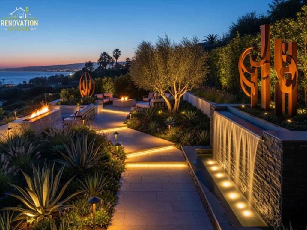 Optimizing Outdoor Lighting in Pacific Beach Backyards: An LA Guide 2 Professional pathway and accent lighting in a Pacific Beach backyard, Los Angeles, showcasing safe and stylish outdoor illumination