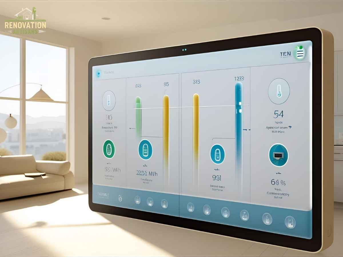 Smart home control panel in a Los Angeles living room showing connected appliances for energy efficiency