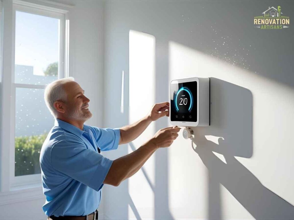 Smart Home Integration for Los Angeles Residents: Connecting Your Appliances for Maximum Efficiency 2 Technician installing a smart thermostat in a Silicon Beach, Los Angeles home for improved climate control