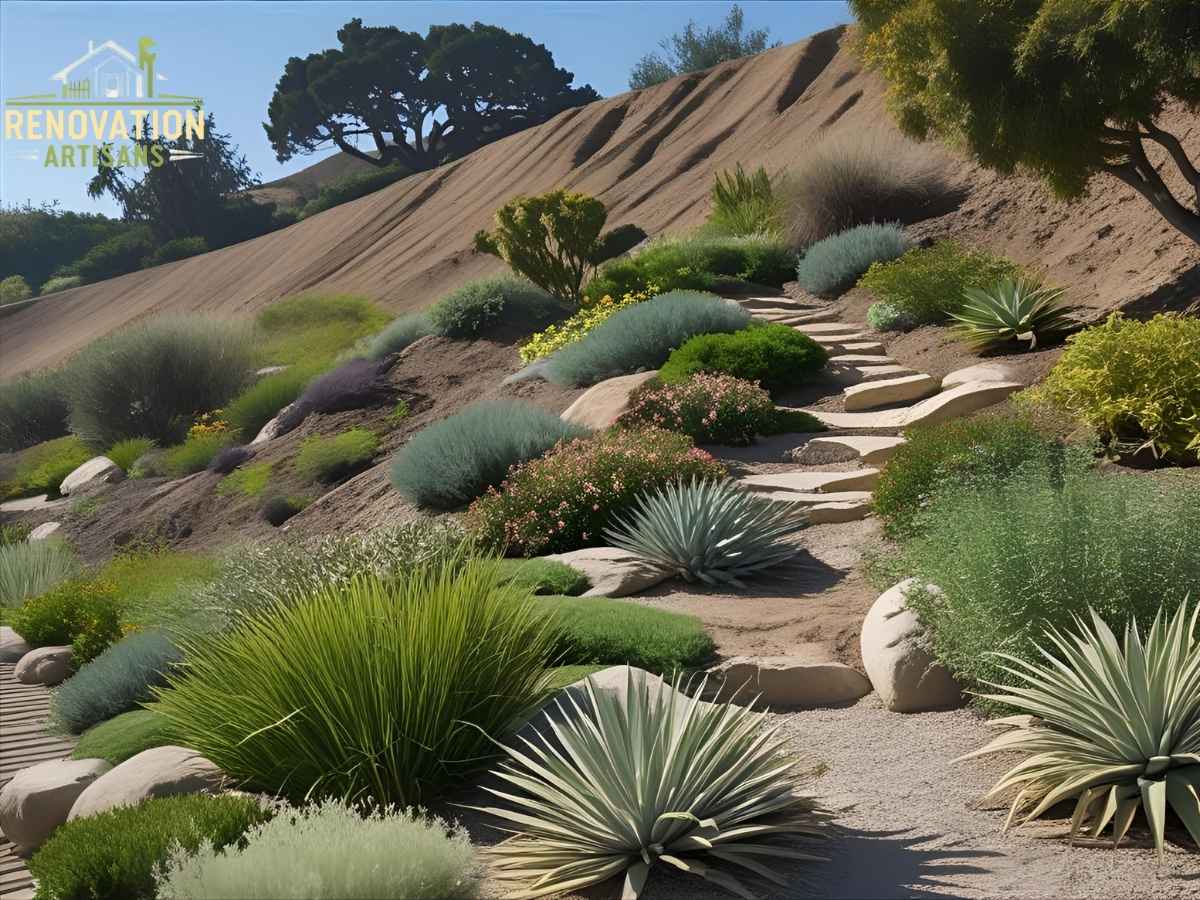 Richmond hillside erosion control techniques in Los Angeles garden with native California plants