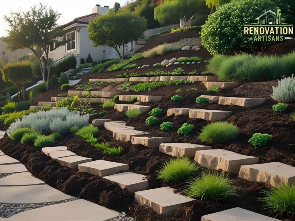 Richmond Hillside Erosion Control for Gardens in Los Angeles 2 Los Angeles garden erosion control on hillside landscape showing mulching and terracing solutions