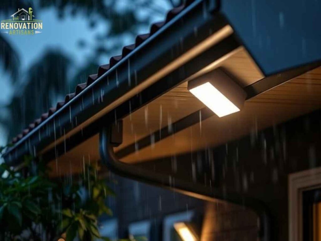 Modern gutter motion-sensor lights installed on a Los Angeles house during rainy evening