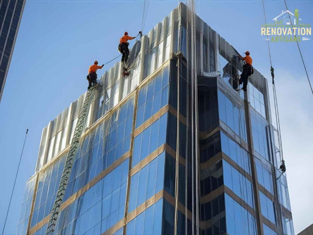 Nob Hill High-Rise Window Washing Coordination in Los Angeles 2 Rope-access window cleaners working on Nob Hill skyscraper in Los Angeles