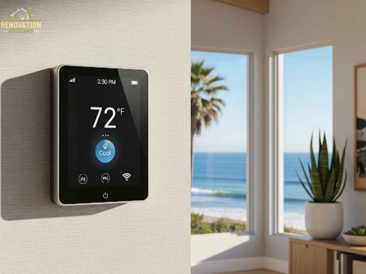 Modern smart thermostat installed in Los Angeles coastal home