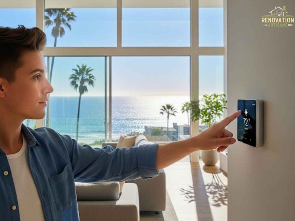 Homeowner adjusting smart thermostat in Los Angeles coastal climate setting