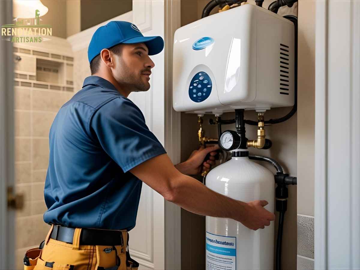 Santa Clara plumber installing water softener in Los Angeles home bathroom