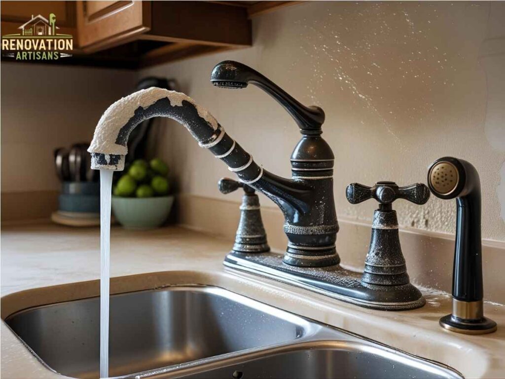 Santa Clara Plumbing Services for Hard-Water Areas in Los Angeles 2 Hard water mineral buildup on faucet in Los Angeles kitchen before repair