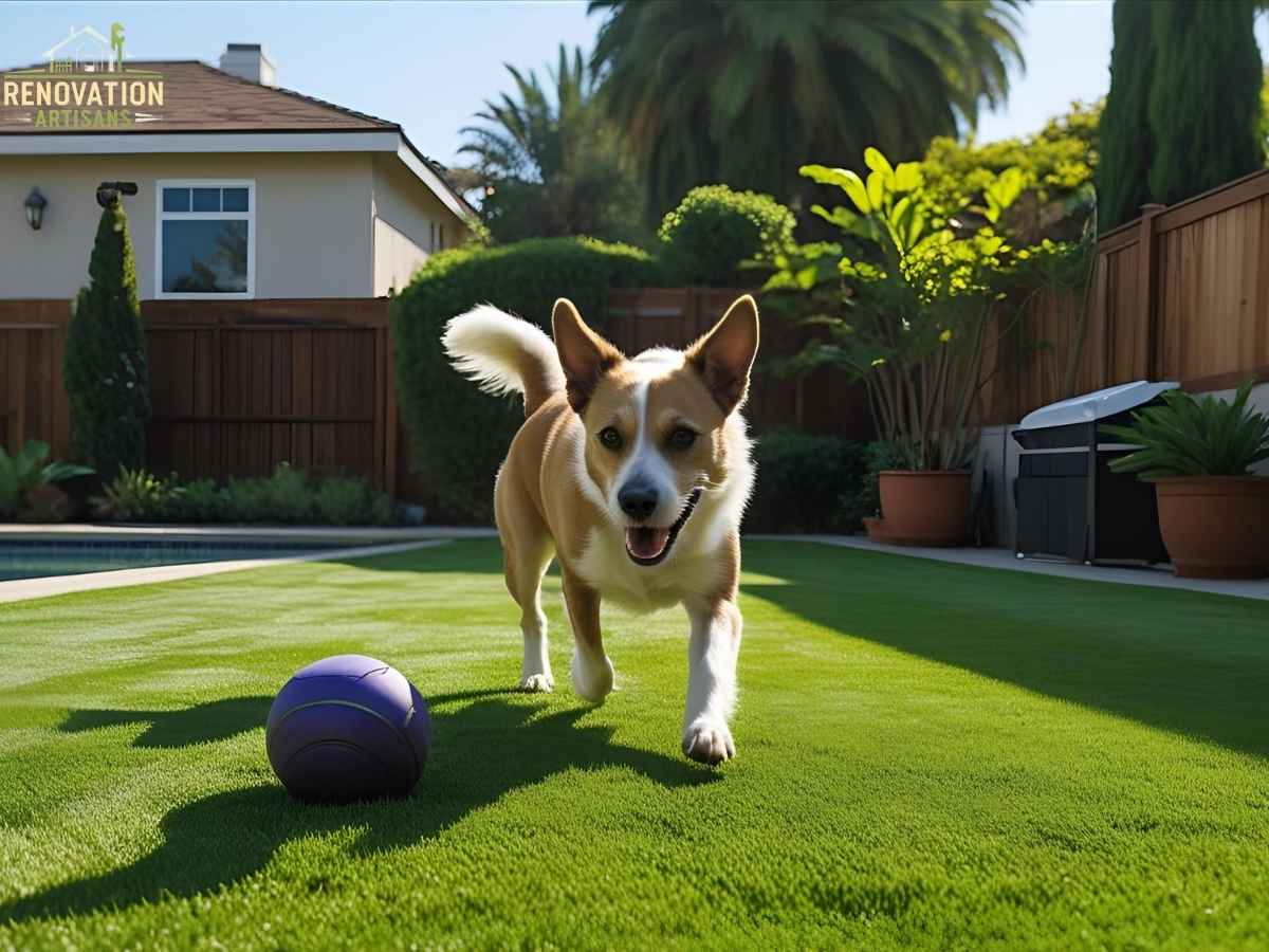 Playful dog rolling on lush pet-safe lawn in Los Angeles backyard, West San Jose neighborhood