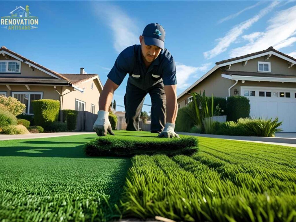 Pet-Safe Lawn Care for West San Jose Lawns in Los Angeles 2 Professional installing drought-tolerant, pet-safe turf in West San Jose, Los Angeles front yard