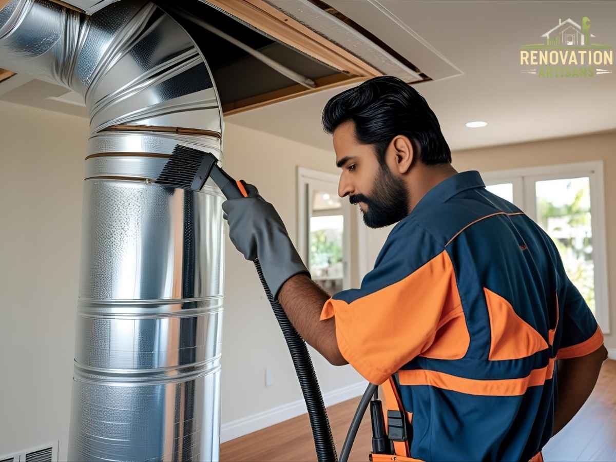 Technician cleaning air ducts in a Los Angeles home for allergy reduction and better indoor air quality