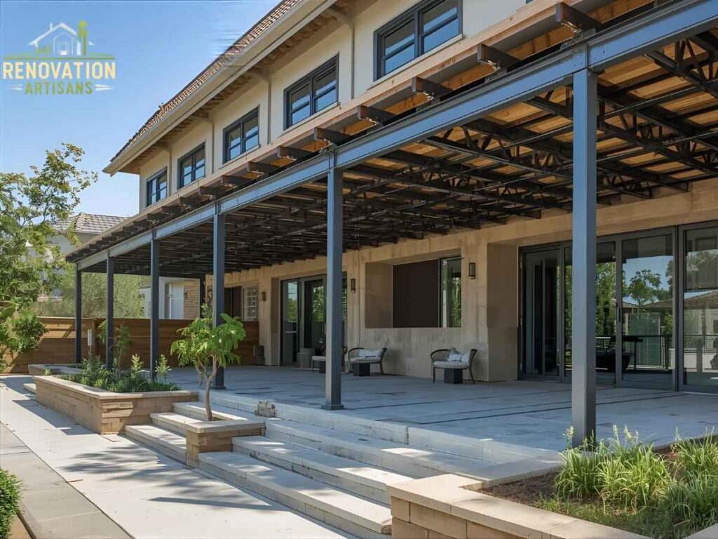 Steel support columns installed for seismic retrofit in Los Angeles Bixby Knolls